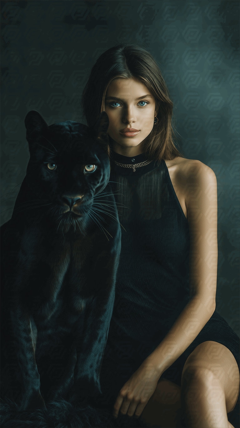 Elegant Model with Black Panther in Studio