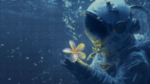 Astronaut Underwater Holding Glowing Plumeria Flower