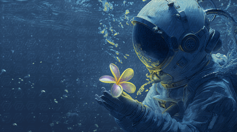 Astronaut Underwater Holding Glowing Plumeria Flower