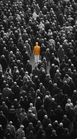 Yellow-Hooded Person in White Pants Surrounded by Monochrome Crowd