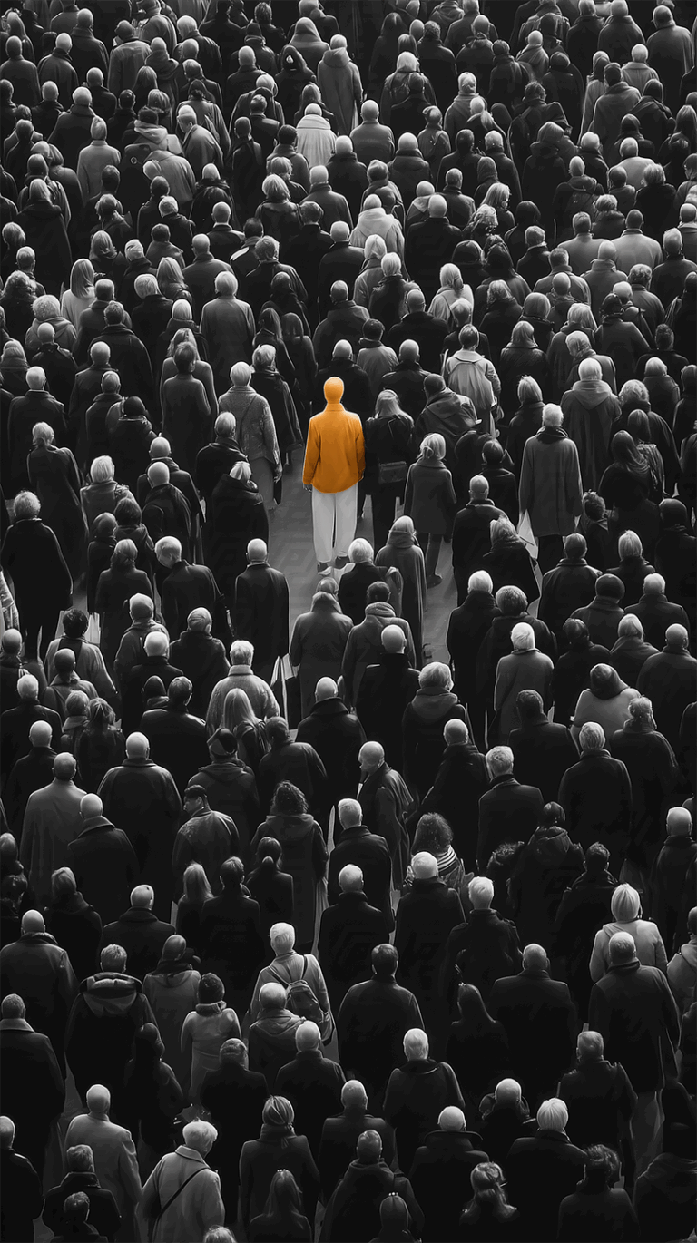 Yellow-Hooded Person in White Pants Surrounded by Monochrome Crowd