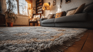 Living Room with Shag Rug and Warm Natural Light in Cozy Setting