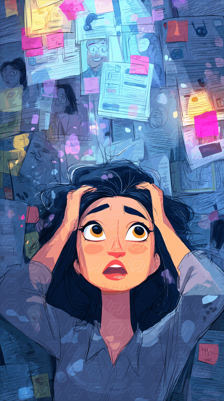 Overwhelmed Woman Staring Up at Wall of Papers and Notes