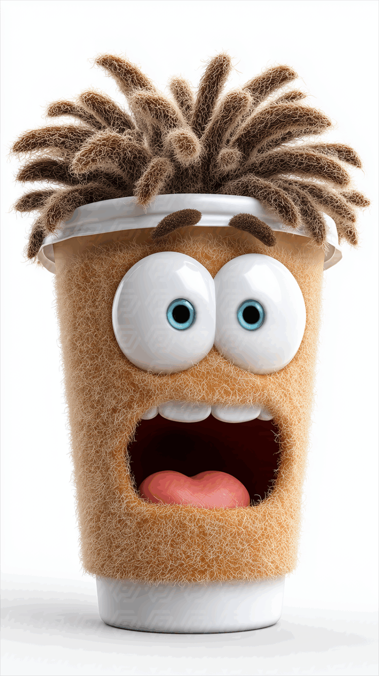 Furry Tan Cartoon Cup With Wide Eyes And Surprised Expression