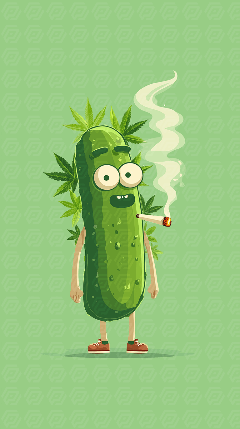 Funny Pickle Character Smoking Joint Surrounded by Cannabis Leaves