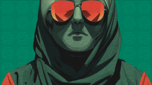 Stylized Woman in Hijab and Sunglasses With Green Background