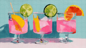 Oil Painting of Pink Citrus Drinks with Ice and Fruit Garnishes