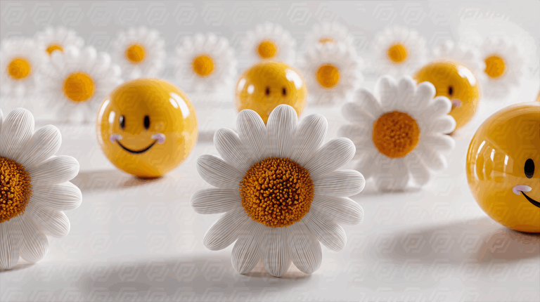 Smiley Yellow Balls Among White Daisies On White Background