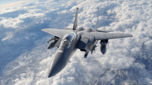Fighter Jet Soaring Over Cloudscape in Bright Daylight