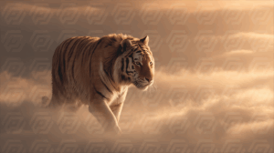 Realistic Tiger Walking Through Golden Mist at Sunset