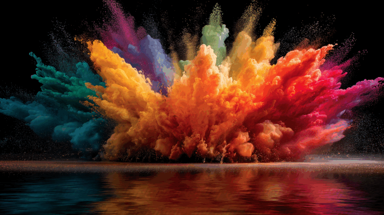 Explosive Burst of Color Powder Reflecting Over Water