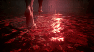 Feet Walking Through Red Lit Water In Forest Scene