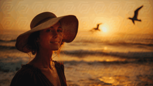 Woman Smiling At Sunset Beach With Birds