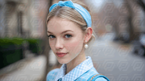 Elegant Blonde Woman in Vintage Blue Gingham Outfit
