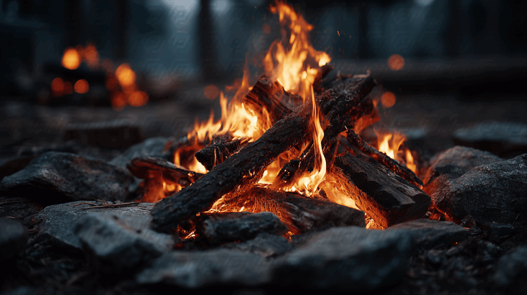 Macro Shot of Burning Logs in a Glowing Campfire