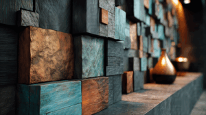 Abstract Geometric Wall Decor with Metallic and Wooden Texture