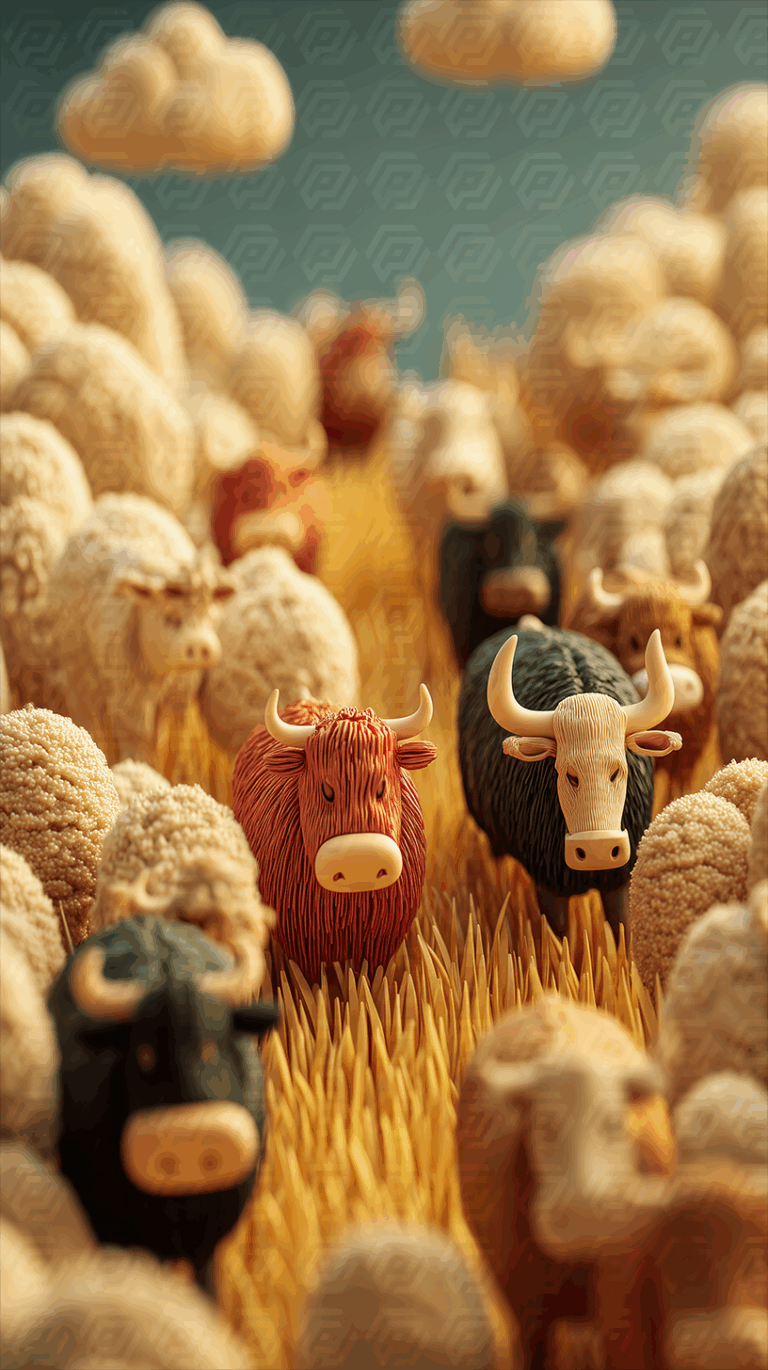 Whimsical Highland Cattle Among Sheep in a Golden Meadow