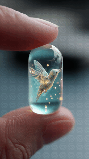 Transparent Capsule with Glowing Hummingbird Suspended in Motion