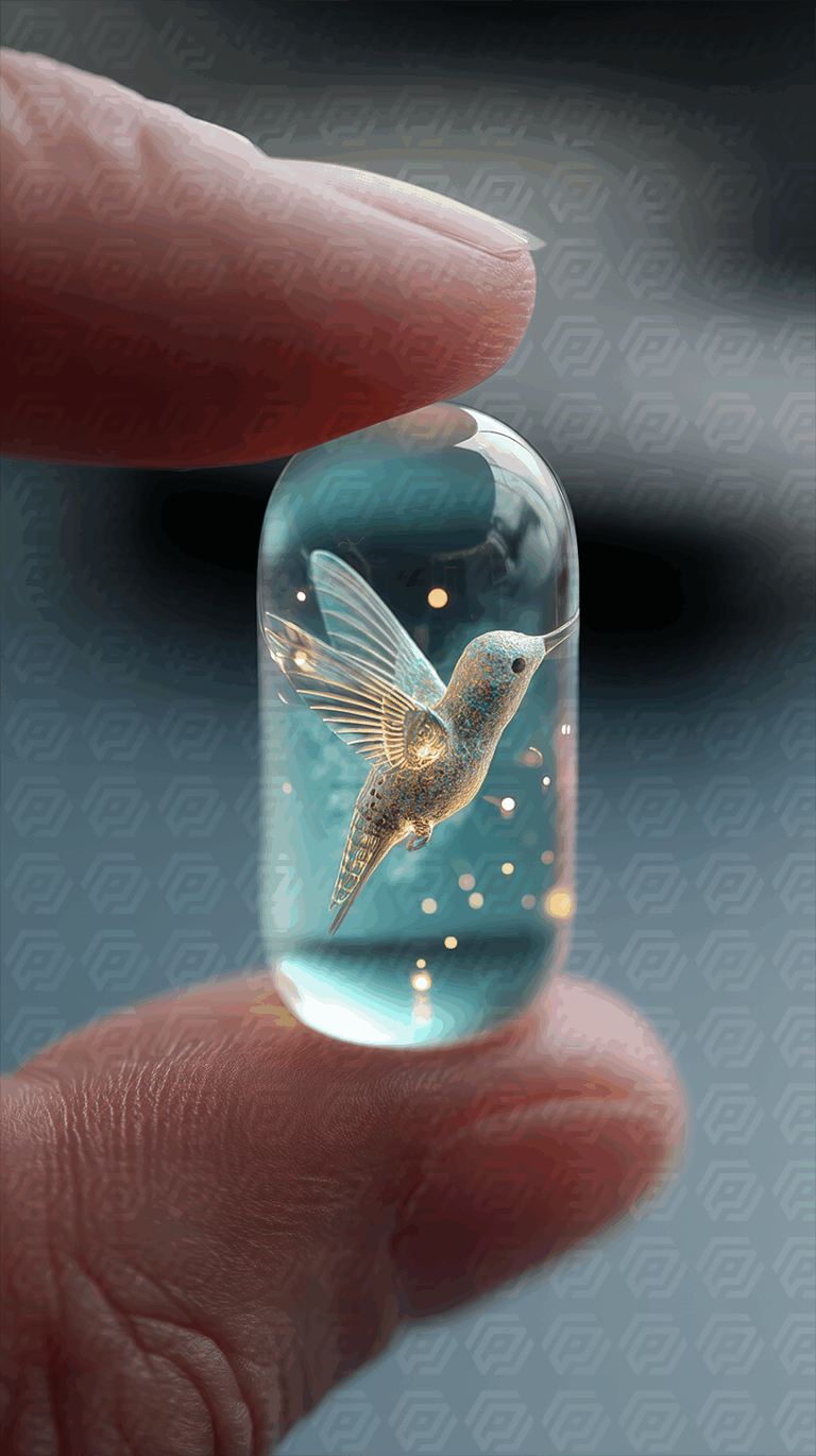 Transparent Capsule with Glowing Hummingbird Suspended in Motion