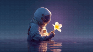 Astronaut In Twilight Water Holding Glowing Flower