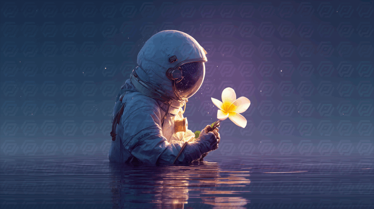 Astronaut In Twilight Water Holding Glowing Flower