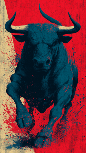 Charging Bull Illustration With Bold Red and Beige Splash Background