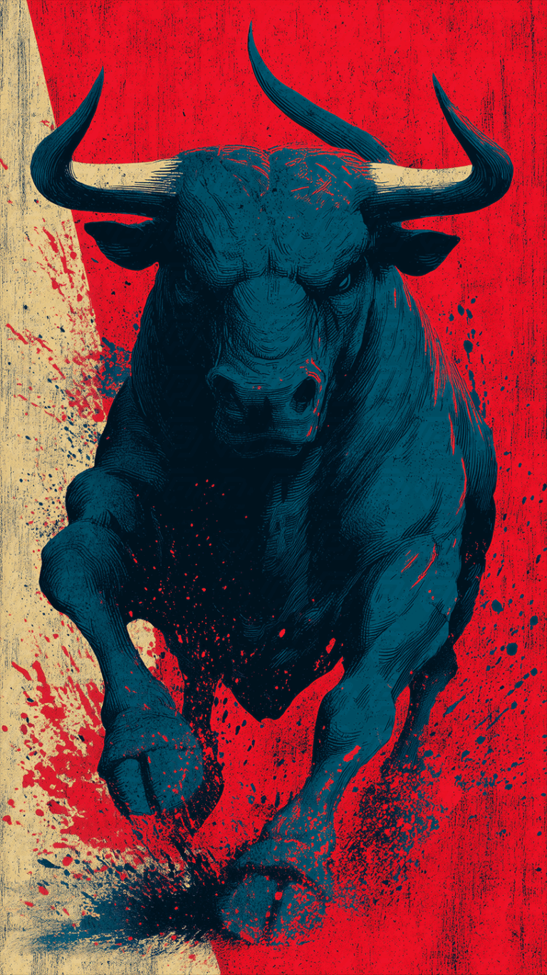 Charging Bull Illustration With Bold Red and Beige Splash Background