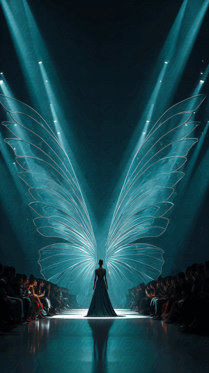 Model Walking Runway with Futuristic Butterfly Wings in Dramatic Lighting