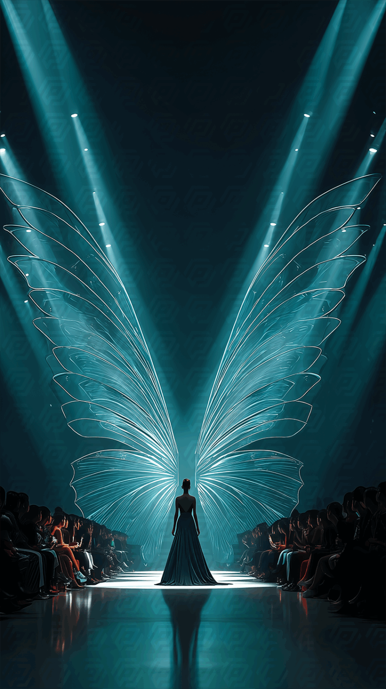 Model Walking Runway with Futuristic Butterfly Wings in Dramatic Lighting