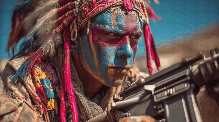 Warrior in Tribal Headdress and Painted Face Holding Gun