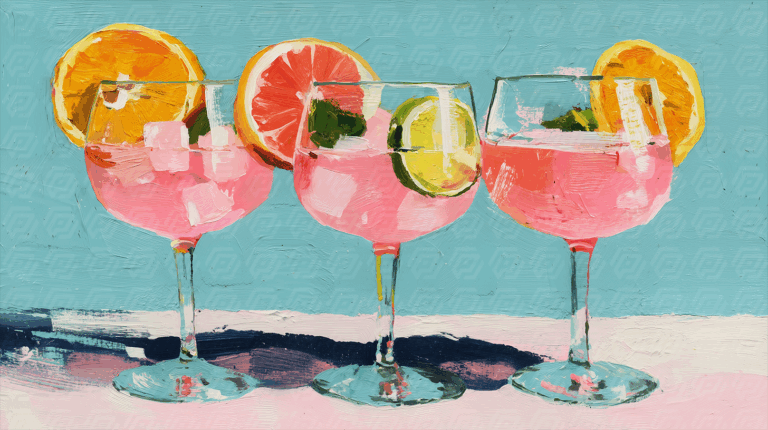 Pink Fruit Cocktails in Glasses with Vibrant Citrus Garnish