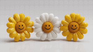 Three Happy Cartoon Flowers With Glossy Petals And Smiles