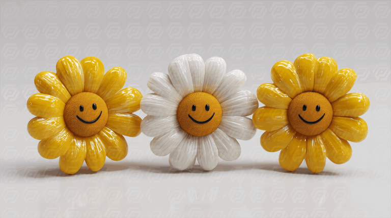 Three Happy Cartoon Flowers With Glossy Petals And Smiles