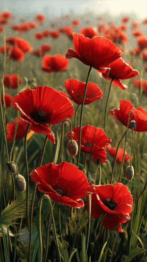 Vibrant Red Poppies Blooming in a Morning Meadow