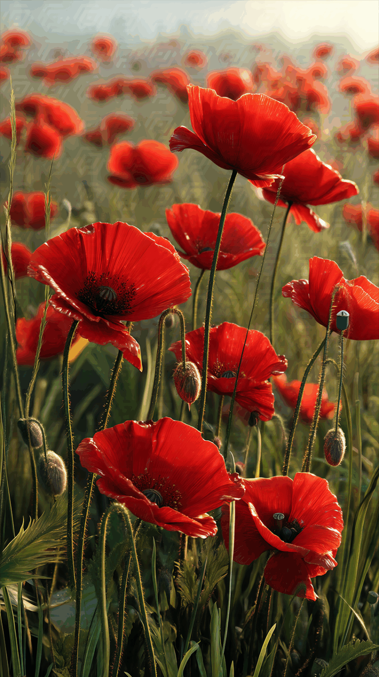 Vibrant Red Poppies Blooming in a Morning Meadow