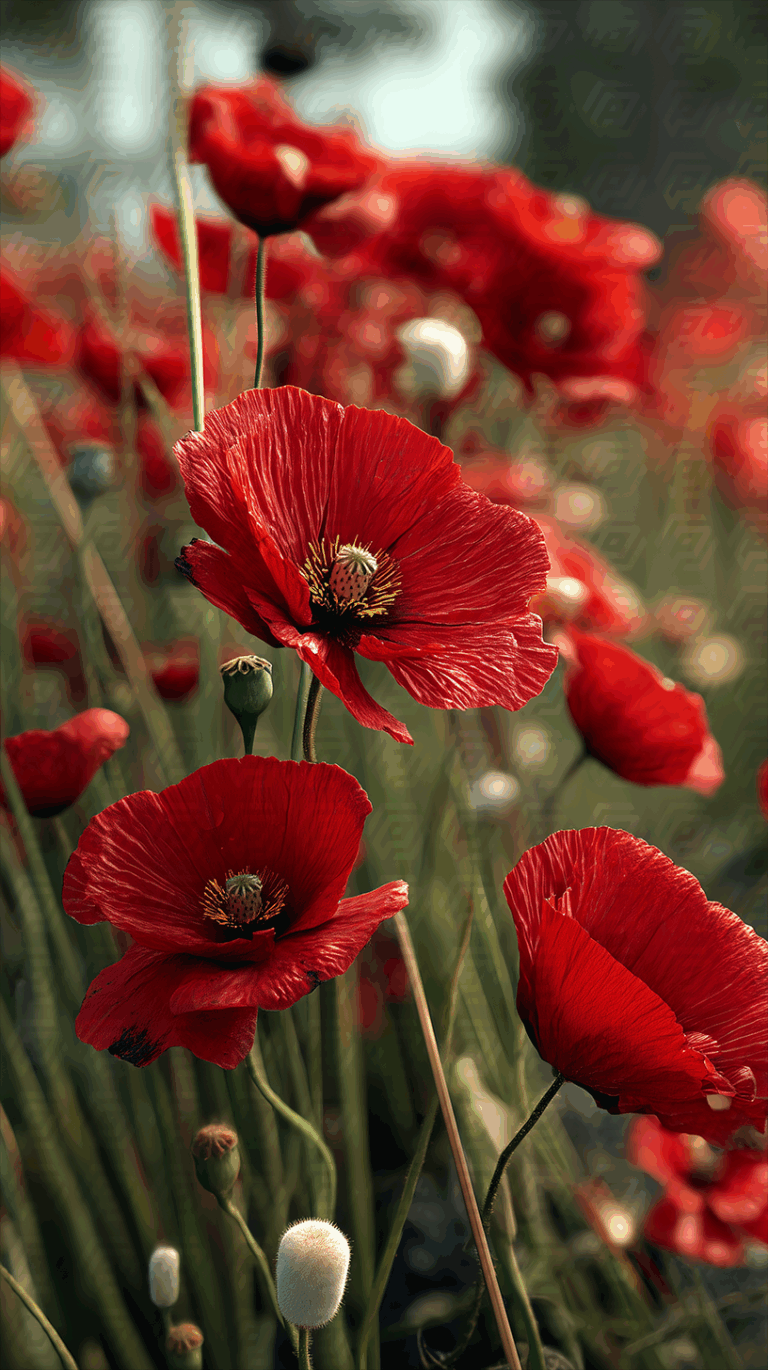 Close-Up of Red Poppies in a Sunlit Meadow
