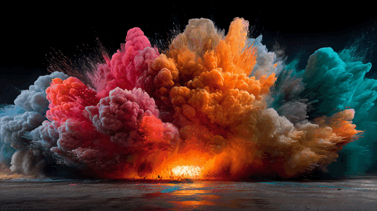 Color Explosion With Intense Orange and Blue Powder Clouds
