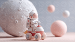 Childlike Astronaut on Pink Rocket Toy With Soft Planets