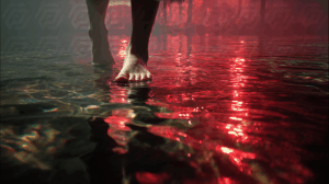 Woman Walking Gracefully Through Red Forest Water