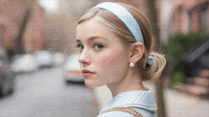 Side Profile of Woman in Retro Blue Fashion in Urban Setting