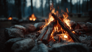 Campfire Surrounded by Stones in a Quiet Forest Clearing