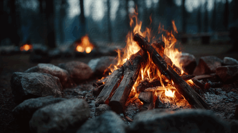 Campfire Surrounded by Stones in a Quiet Forest Clearing