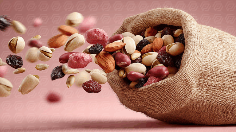 Floating Assorted Nuts and Dried Fruits Spilling from Burlap Bag