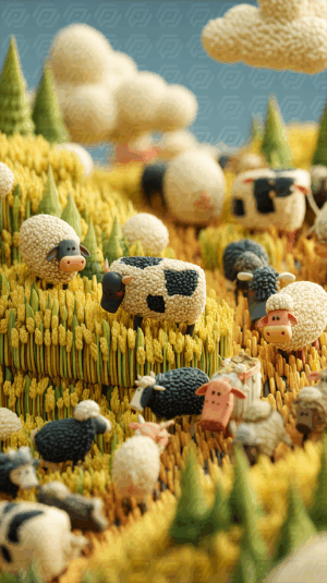 Playful Sheep and Cows Grazing on Rolling Cartoon Hills