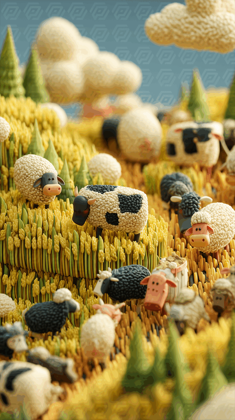 Playful Sheep and Cows Grazing on Rolling Cartoon Hills