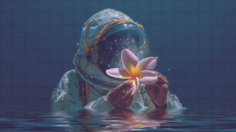 Space Explorer Cradling Magical Flower In Still Water