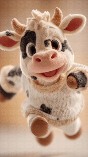 Playful Baby Cow Character in Sweater Leaping with Excitement