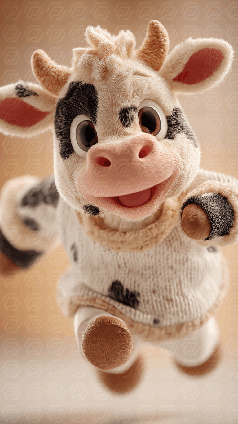 Playful Baby Cow Character in Sweater Leaping with Excitement