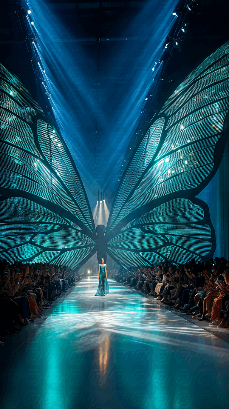 Elegant Fashion Model on Catwalk with Giant Digital Butterfly Wings