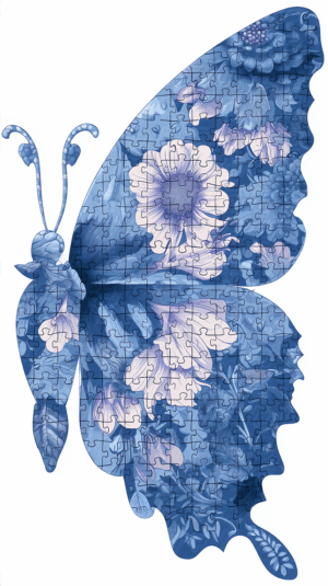 Blue Floral Butterfly Shaped Puzzle With Botanical Detail